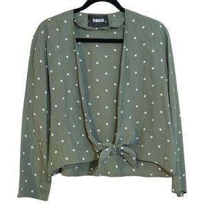 Reformation Top Sage Green Polka Dot Long Sleeve Crop Deep V-neck Front Tie